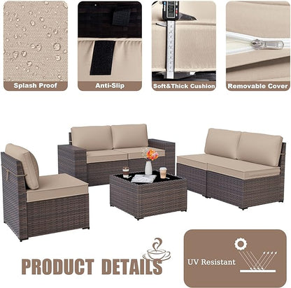 Patio Furniture Set Sofa 6-Piece Wicker Sectional Sofa Set, Outdoor Furniture Rattan Patio Sofa Conversation Set with Thickened Cushions and Glass Coffee Table, Sand