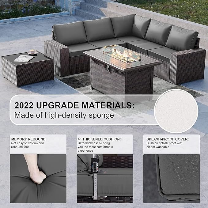 Kullavik 7 PCS Outdoor Patio Furniture Set with 43" 55000BTU Gas Propane Fire Pit Table PE Wicker Rattan Sectional Sofa Patio Conversation Sets for Outdoor,Grey