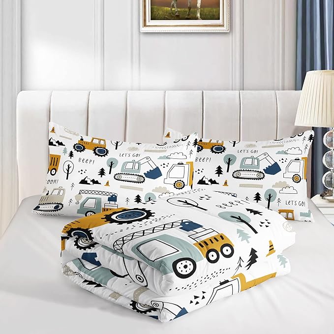 Datura home Kids Cartoon Excavator Bedding Comforter Sets for Boy and Girls,Construction Truck Bulldozer Tree Pattern Comforter Set with 2 Pillowcase and 1 Comforter(Excavator Queen)