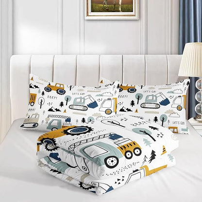 Datura home Kids Cartoon Excavator Bedding Comforter Sets for Boy and Girls,Construction Truck Bulldozer Tree Pattern Comforter Set with 2 Pillowcase and 1 Comforter(Excavator Queen)