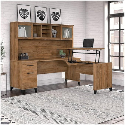 Bush Furniture Somerset 3 Position Sit L Shaped Desk with Hutch | Ergonomic Height Adjustable Standing Computer/Laptop Table for Home Office, 72W, Fresh Walnut