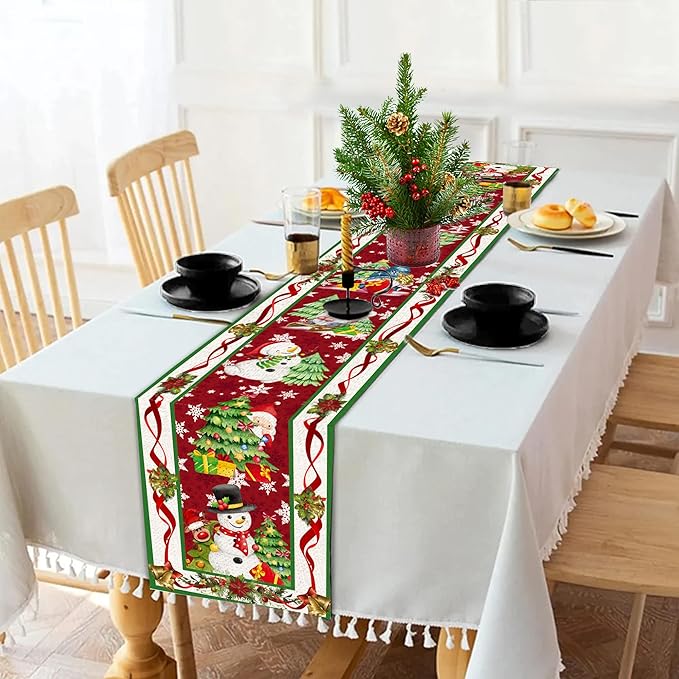Christmas Table Runner 90 Inch Snowflake Buffalo Plaid Table Runner Christmas Theme Holiday Xmax Snowman Gnome Christmas Table Runner Decor for Kitchen Dining Table Home Party Decorations