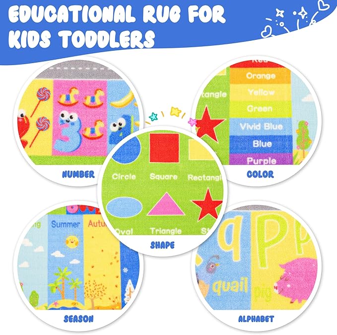 Kids Rugs For Playroom, ABC Alphabet Numbers Classroom Rug, 4x6 Feet Educational Learning and Fun Playroom Rug, Non Slip Nursery Rug, Kids Play Mat for Kids Room, Toddler Classroom and Bedroom