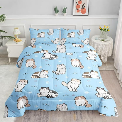 Datura home Blue Kawaii Cat Comforter Bedding Set for Girls Lovely Kitten Print Cute Animal Pattern with 1 and 2 Pillowcases Bedroom All Season(Cat Queen), Queen 90x90inches
