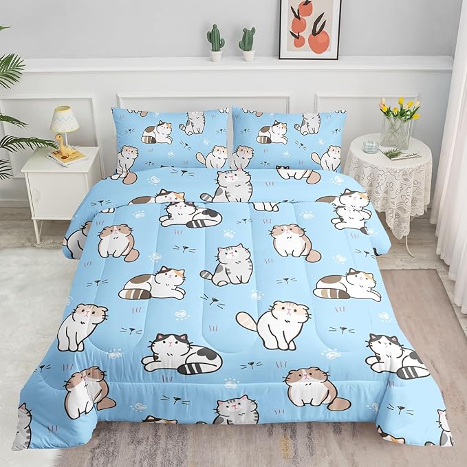 Datura home Blue Kawaii Cat Comforter Bedding Set for Girls Lovely Kitten Blue Print Cute Animal Pattern Bedding Set with 1 Comforter and 2 Pillowcases for Girls Bedroom All Season(Cat Blue Twin)