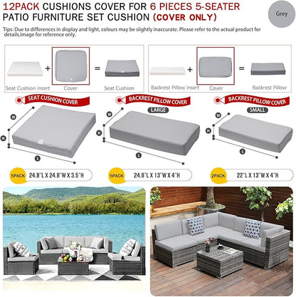 ClawsCover 12 Pack Outdoor Seat and Back Cushions Replacement Covers Fit for 6Pieces 5-Seater Wicker Rattan Patio Furniture Conversation Set Sectional Couch Chairs,Grey-Include Cover Only