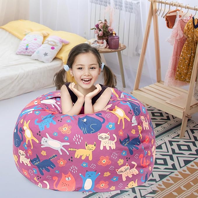 Stuffed Animal Storage Bean Bag Chair Cover, Hold Kids Plush Toys Blankets Towels Beanbag (Cover Only), Canvas Floor Circle Stuff Sit Seat Sofa with YKK Zipper, Extra Large 38", Cat