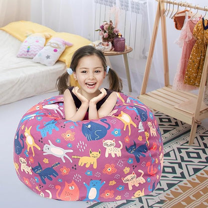 Stuffed Animal Storage Bean Bag Chair Cover, Hold Kids Plush Toys Blankets Towels Beanbag (Cover Only), Canvas Floor Circle Stuff Sit Seat Sofa with YKK Zipper, Extra Large 38", Cat