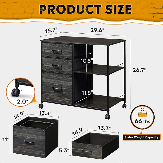 DEVAISE 3 Drawer Mobile File Cabinet, Rolling Printer Stand with Open Storage Shelf, Fabric Lateral Filing Cabinet fits A4 or Letter Size for Home Office, Charcoal Black Wood Grain Print