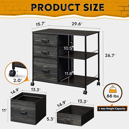 DEVAISE 3 Drawer Mobile File Cabinet, Rolling Printer Stand with Open Storage Shelf, Fabric Lateral Filing Cabinet fits A4 or Letter Size for Home Office, Charcoal Black Wood Grain Print