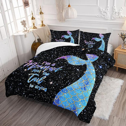 Datura home Bedding Comforter Set Black Starry Sky Mermaid Printed Pattern Quilt with 1 and 2 Pillowcases for Girls Bedroom All Season(Black Queen) Queen 90x90inches