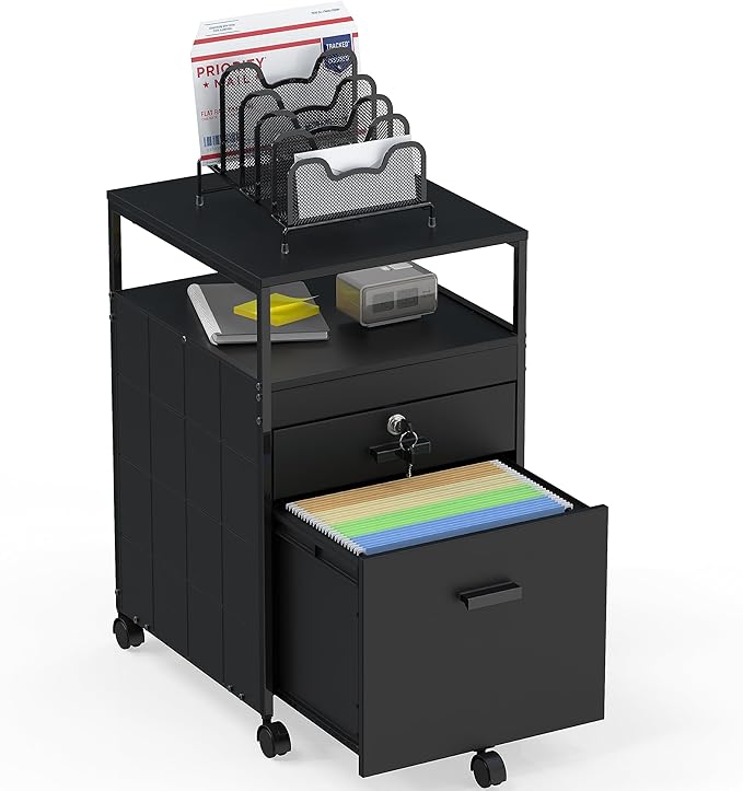 SHW Rolling File Cabinet w/ 2 Drawers & Open Shelf, Black
