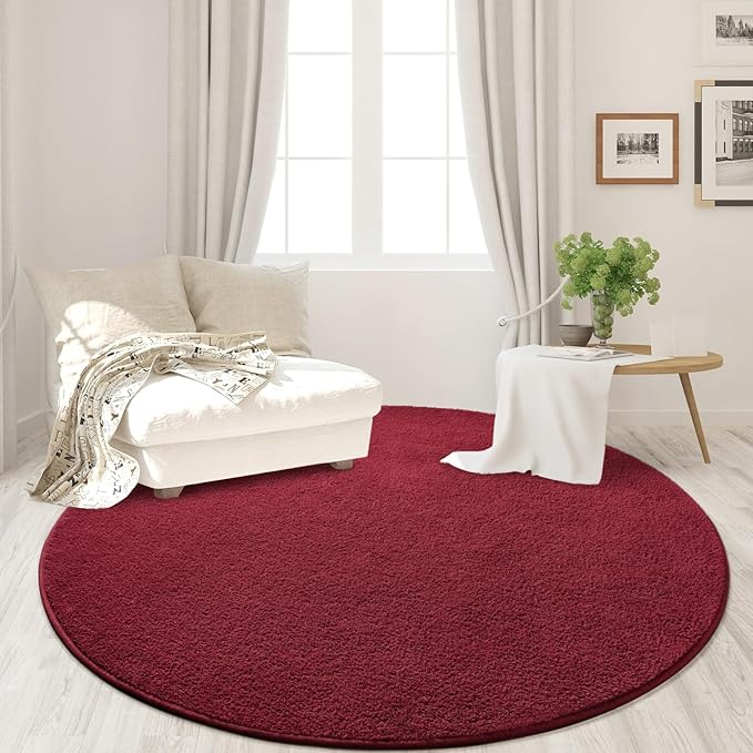 Round Area Rugs for Bedroom Living Room, 5x5 Rose Red Super Soft Comfy Thickened Memory-Foam Indoor Circle Carpets, Modern Aesthetic Minimalist Carpet for Boys Girls Adults Nursery Home Décor