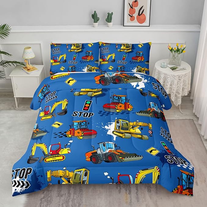 Axolotl Blue Excavator Bedding Queen,3Pcs Boys Construction Comforter Set,Cartoon Machinery Truck Bedding Set for Boys Kids Children Teens Bedroom Decor Cars Quilt Set with 1 Comforter 2 Pillowcase