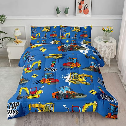 Axolotl Blue Excavator Bedding Full,3Pcs Boys Construction Comforter Set,Cartoon Machinery Truck Bedding Set for Boys Kids Children Teens Bedroom Decor Cars Quilt Set with 1 Comforter 2 Pillowcase