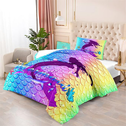 Mermaid Comforter Set Twin Fish Scale Patterns Printed Twin Bed Comforter Sets for Girls 2 Piece Kids All Season Ultra Soft MIcrofiber Mermaid Bedding Set Quilted Duvet with 1 Pillowcase, Twin Size