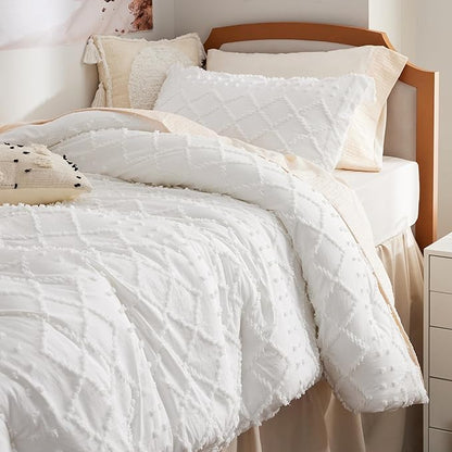 Bedsure Twin XL Comforter Set - White Twin Extra Long Comforter Set for College, Shabby Chic Dorm Bedding Set, 2 Pieces Boho Farmhouse Bed Set, includes 1 Pillow Sham