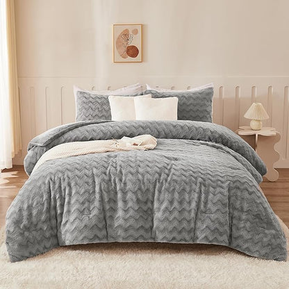 Andency Gray Fleece Comforter Set Full, 3 Pieces Fluffy Fuzzy Faux Fur Bedding Comforter Set, Plush Shaggy Warm Sherpa Bed Comforter Sets for Winter