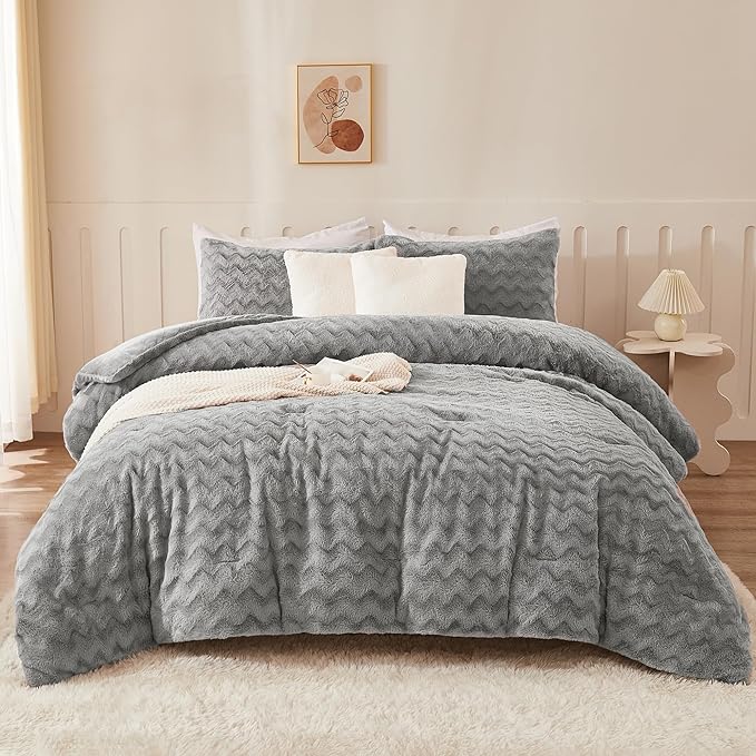 Andency Grey Fleece Comforter Set King, 3 Pieces Fuzzy Fluffy Faux Fur Bedding Comforter, Plush Shaggy Sherpa Bed Set for Winter (104x90Inch Comforter)