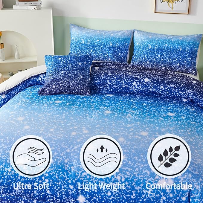 RYNGHIPY 6Pcs Gradient Aqua Blue Navy Ombre Comforter Sets with Sheets Pillowcases, Queen Size Sparkle Glitter Design Comforter Bedding Collections for Kids Boys and Girls