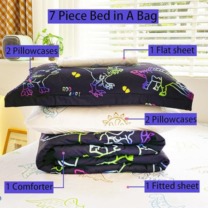 7 Piece Boys Dinosaur Comforter Bedding Set Bed in A Bag Full Size for Kid Girls Teens Dinosaurs Animal 3D Print Gradient Line Bedding Set with Comforter Sheet Set Pillowcase and Sham