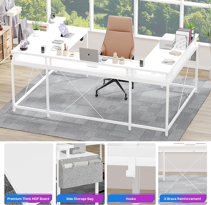 U Shaped Computer Gaming Desk, Reversible L Shaped Desk with Power Outlets, LED Strip & Monitor Stand, Large Corner Desk with Storage Shelves for Home Office, White