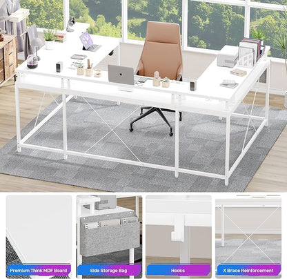 U Shaped Computer Gaming Desk, Reversible L Shaped Desk with Power Outlets, LED Strip & Monitor Stand, Large Corner Desk with Storage Shelves for Home Office, White