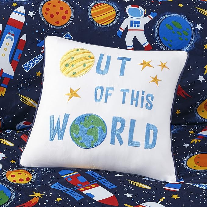 Mi Zone Kids Jason Cozy Comforter Outer Space Rocket Ships, Astronauts Print, All Season Cover, Hypoallergenic Bedding Set, Matching Sham, Decorative Pillow, Twin(66" Wx86 L), Multi 3 Piece