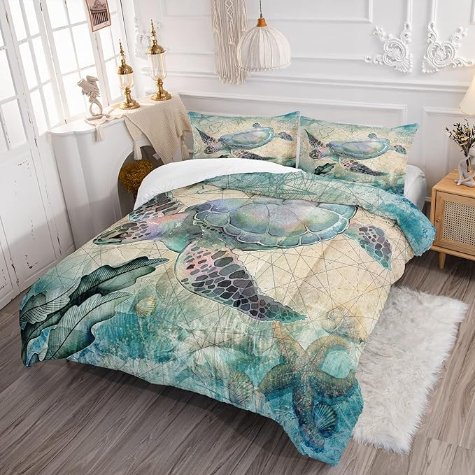 CVHOUSE Sea Turtle Comforter Set,Ocean Sea Turtle Bedding Set for Kids Teens,Ocean Sea Turtle Comforter Sea Turtle Duvet Set Room Decor Quilt Set Twin Size