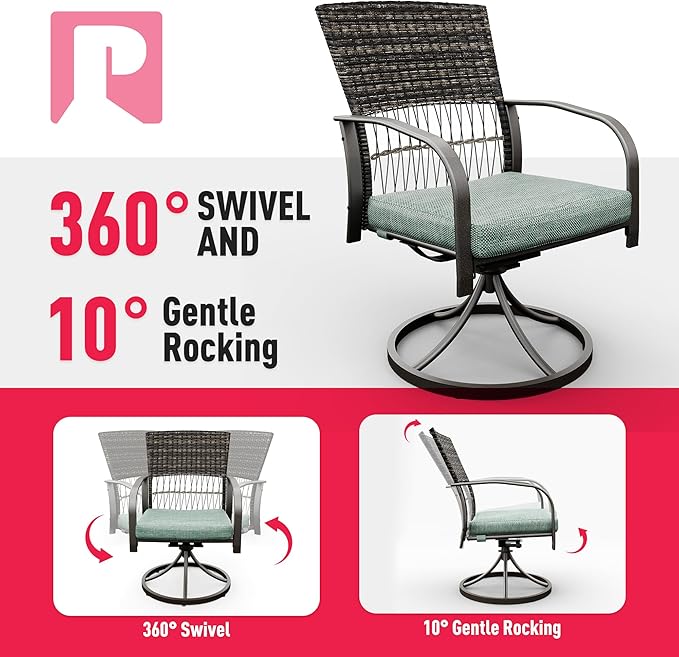 Pamapic 7 Piece Outdoor Dining Set, Rattan Outdoor Patio Furniture Set for Backyard with Iron Outdoor Dining Table, 4 Swivel Deck Chairs, 2 Wicker Chairs and Removable Cushions (Green)