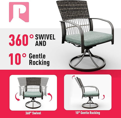 Pamapic 7 Piece Outdoor Dining Set, Rattan Outdoor Patio Furniture Set for Backyard with Iron Outdoor Dining Table, 4 Swivel Deck Chairs, 2 Wicker Chairs and Removable Cushions (Green)