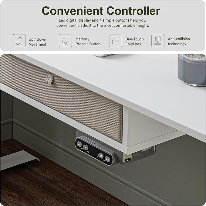BANTI Height Adjustable Electric Standing Desk with 4 Drawers, 48 x 24 Inch Table with Storage Shelf, Sit Stand Desk, White Top