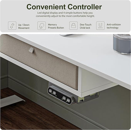 BANTI Height Adjustable Electric Standing Desk with 4 Drawers, 63 x 24 Inch Table with Storage Shelf, Sit Stand Desk, White Top