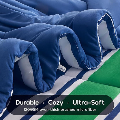 SLEEP ZONE Jersey Knit 3 Pieces Kids Comforter Set, Navy Gree Rugby Stripe Design for Boys and Teens. Durable, Breathable and Easy Care, All Season Use (Rugby Stripe Navy/Green, Full/Queen)