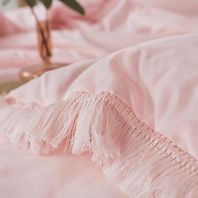 Andency Pink Comforter Set King Size for Girls, Boho Women Tassel Lightweight Bedding Comforter Sets, 3 Pieces All Season Soft Fluffy Fringe Bed Set (104x90In Comforter & 2 Pillowcases)