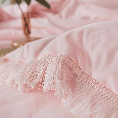 Andency Pink Tassel Comforter Set Full(79x90Inch), 3 Pieces(1 boho Comforter, 2 Pillowcases) Farmhouse Shabby Chic Comforter Set, Soft Microfiber Lightweight Fringe Bedding Comforter Set