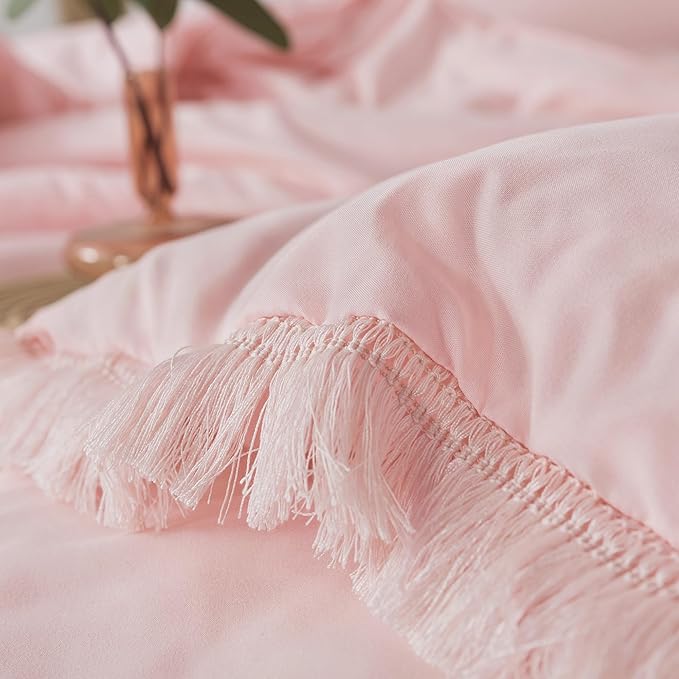 Andency Pink Comforter Set California King for Girls, Boho Women Tassel Lightweight Bedding Comforter Sets, 3 Pieces All Season Soft Fluffy Fringe Bed Set (104x96In Comforter & 2 Pillowcases)