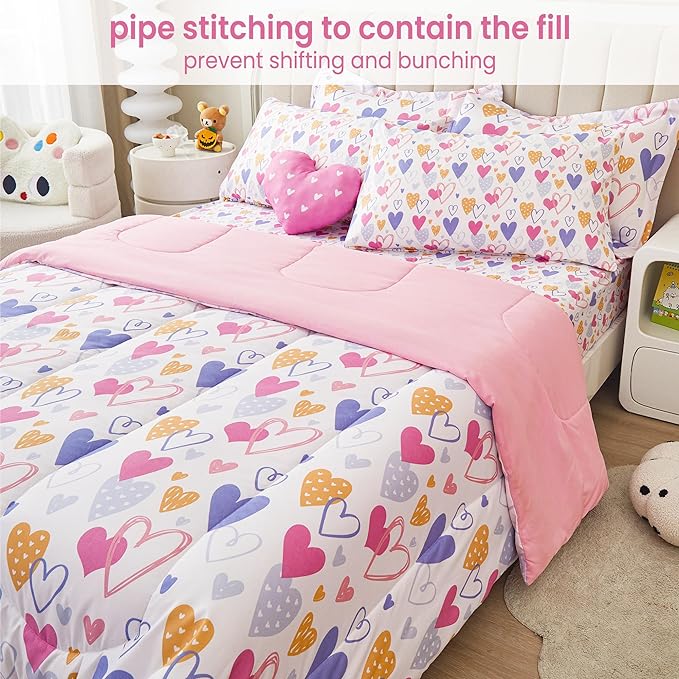 Mooreeke Full Size Comforter Sets for Girls Kids, 8 Pieces Bed in a Bag Pink Heart Bedding Comforter Sheet Set with Shams and Decorative Toy Pillow, Ultral Soft Microfiber Kids Bed Set