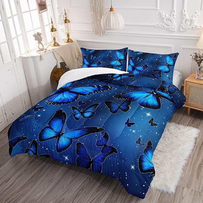 Datura home Blue Butterfly Comforter Set for Girls Women,Bright Blue Butterflies in Blue Sky with Stars Printed Bedding Set with 2 Pillowcases(Butterfly Blue Twin)
