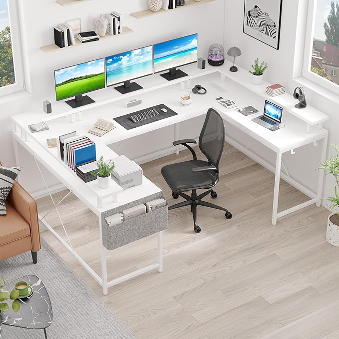 U Shaped Computer Gaming Desk, Reversible L Shaped Desk with Power Outlets, LED Strip & Monitor Stand, Large Corner Desk with Storage Shelves for Home Office, White