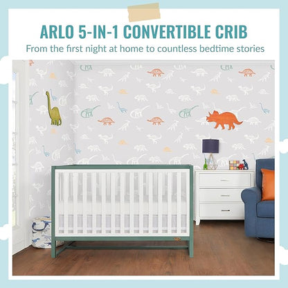 Arlo 5-in-1 Convertible Crib in Jungle Green, JPMA Certified, 3 Mattress Height Settings, Non-Toxic Finish, Made of Sustainable and Sturdy Pinewood