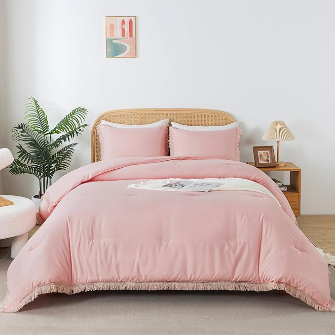 Andency Pink Comforter Set California King for Girls, Boho Women Tassel Lightweight Bedding Comforter Sets, 3 Pieces All Season Soft Fluffy Fringe Bed Set (104x96In Comforter & 2 Pillowcases)