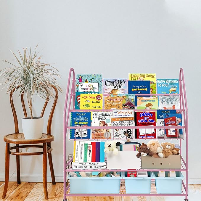 aboxoo Metal Kids Bookshelf Pink Bookcase Freestanding for Children Girls Room 32 inches Large Toddler Pink Stable Bookcase Bookstore Library Book Unit Storage