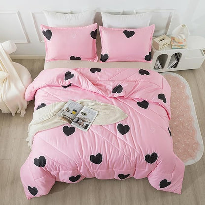 Love Pattern Girls Pink Comforter Set Full Size, Blush Pink Cute Love Heart Sexy Comforter Bedding Set for All Seasons, Geometric Microfiber 3 Pieces Comforter Set with Pillowcases