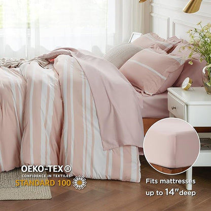 Bedsure Bed in a Bag King Size 7 Pieces, Light Pink White Striped Bedding Comforter Sets All Season Bed Set, 2 Pillow Shams, Flat Sheet, Fitted Sheet and 2 Pillowcases