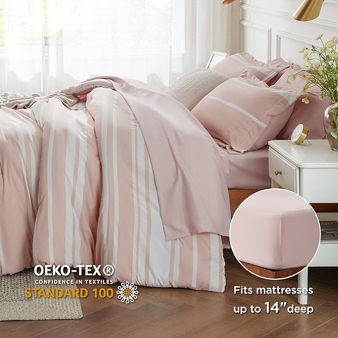 Bedsure Light Pink Comforter Set Queen 7 Pieces, Light Pink White Striped Bedding Sets All Season Bed in a Bag, 2 Pillow Shams, Flat Sheet, Fitted Sheet and 2 Pillowcases