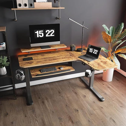 EUREKA ERGONOMIC Standing Desk with Keyboard Tray, Computer Desk, 61" L Shaped Electric Adjustable Height Desk w Monitor Stand LED, Corner Sit Stand Desk Gaming Desk, Dual Motor,Right/Rustic Brown