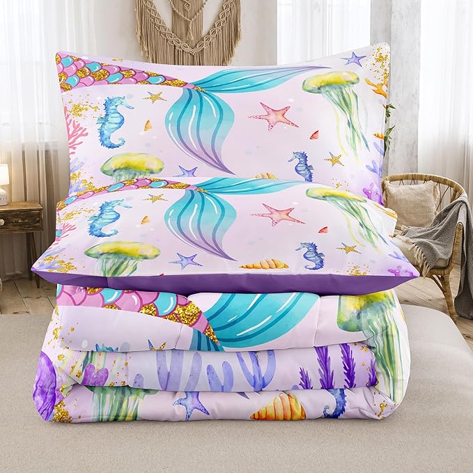 NINENINE Mermaid Tail Bedding Sets Mermaid Comforter Set,Full Size Bedding Sets for Girls,Princess Comforter Toddler Bedding Sets for Girls with 1 Comforter 2Pillowcases