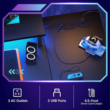 L Shaped Gaming Desk with Power Outlets & LED Strip Lights,Computer desk with Large Monitor Stand,Corner Desk with Storage Shelf,Headphone Hook&Cup Holder for Home Office