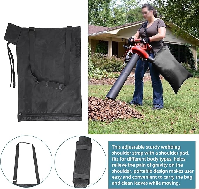 OwnMy Universal Leaf Vacuum Blower Bag Black Leaf Vacuum Bag Leaf Blower Replacement Bag with 3 Fasten Ties, Adjustable Leaf Blower Mulcher Bag Bottom Debris Zipper Bag Fallen Leaves Collection Bag